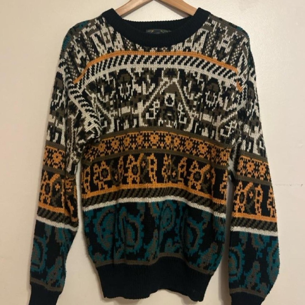 Vintage Weeds Geometric Patterned Knit Grandpa Sweater Small 80s 90s Aztec Teal